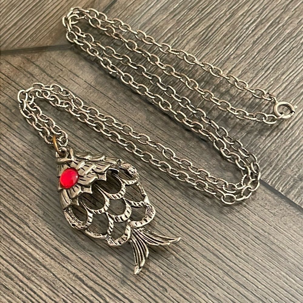 Vintage 1970’s Cut Out / Pierced Fish with Red Eye Necklace